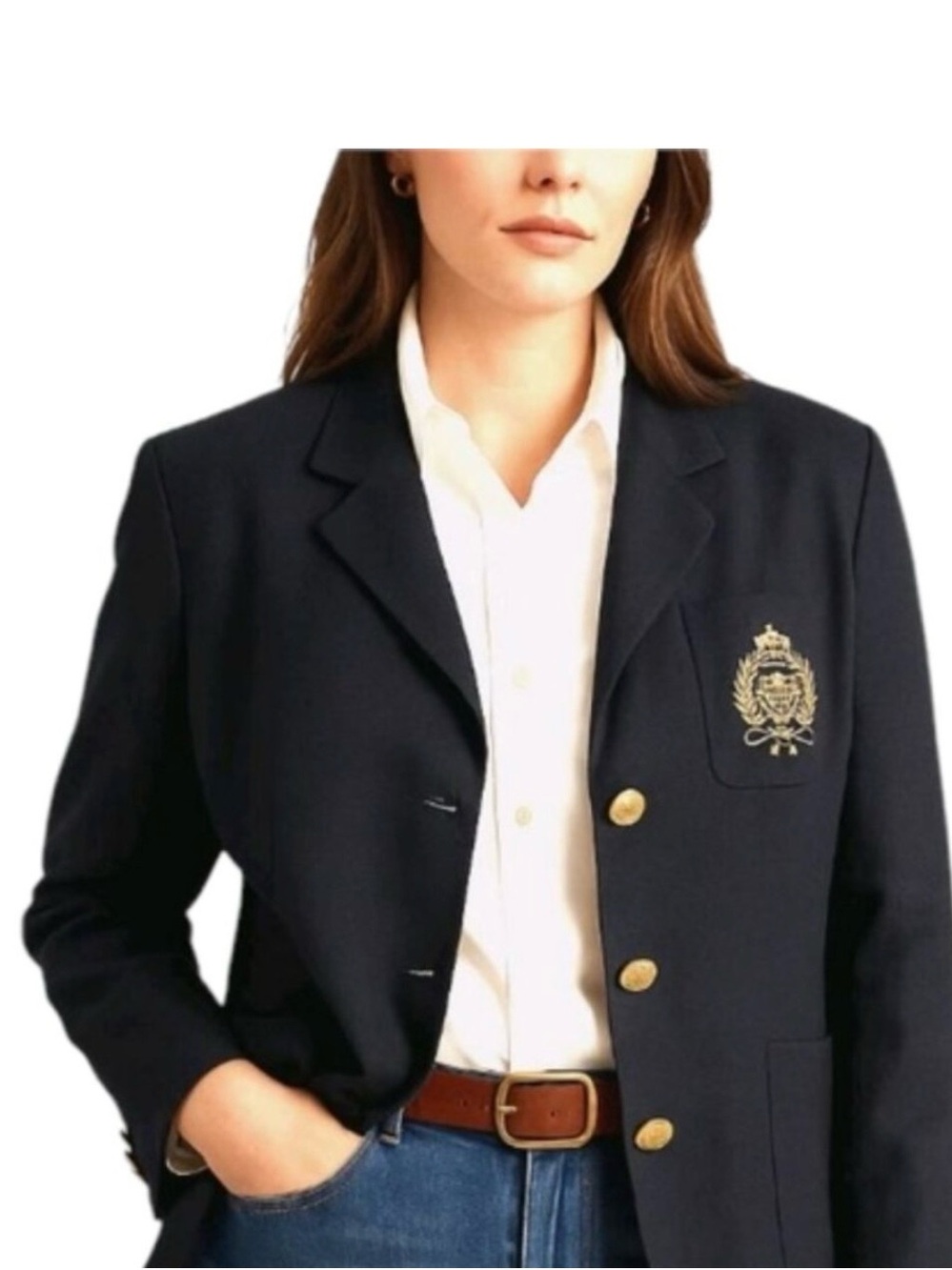 Vintage Chaps Women's Black Blazer with Embroidered Crest